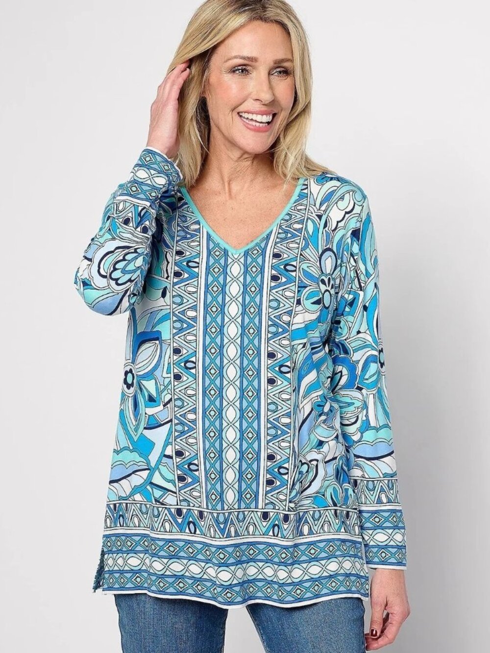 Belle by Kim Gravel Rayon Spandex Mod Square Border Trim Top Blue Turquoise